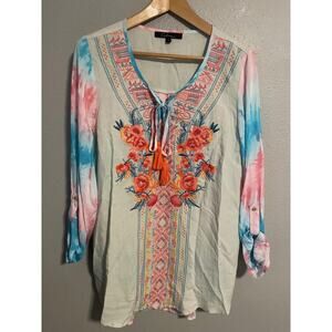 Calessa Tunic Top Womens Large Multicolor Embroidered Floral Tassel Boho Tie Dye